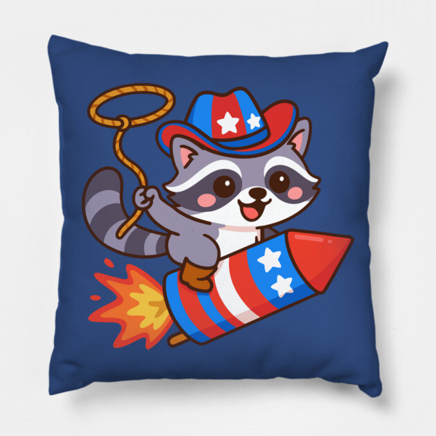 Cute Cowboy Raccoon Riding Firework – 4th of July Rocket Rodeo Animal Pillow by DonWillisJrArt