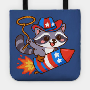 Cute Cowboy Raccoon Riding Firework – 4th of July Rocket Rodeo Animal Tote