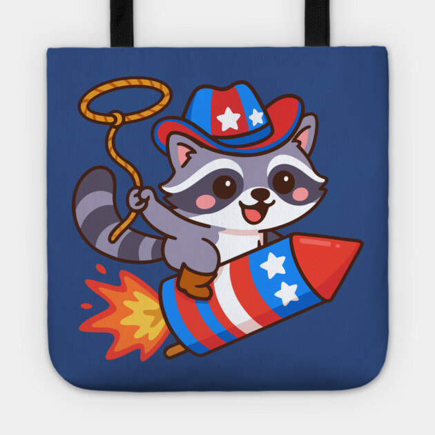 Cute Cowboy Raccoon Riding Firework – 4th of July Rocket Rodeo Animal Tote by DonWillisJrArt