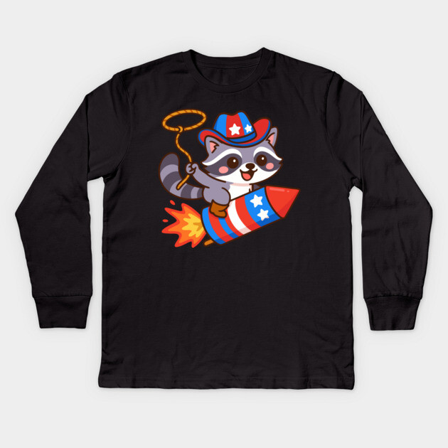 Cute Cowboy Raccoon Riding Firework – 4th of July Rocket Rodeo Animal Kids Long Sleeve T-Shirt by DonWillisJrArt