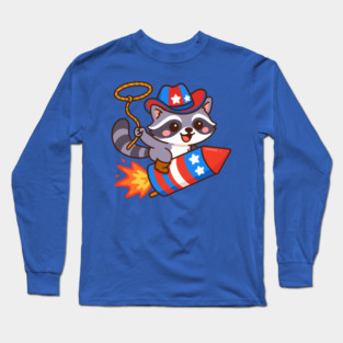 Cute Cowboy Raccoon Riding Firework – 4th of July Rocket Rodeo Animal Long Sleeve T-Shirt