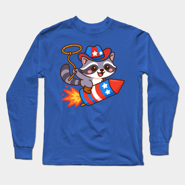 Cute Cowboy Raccoon Riding Firework – 4th of July Rocket Rodeo Animal Long Sleeve T-Shirt by DonWillisJrArt
