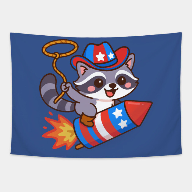 Cute Cowboy Raccoon Riding Firework – 4th of July Rocket Rodeo Animal Tapestry by DonWillisJrArt