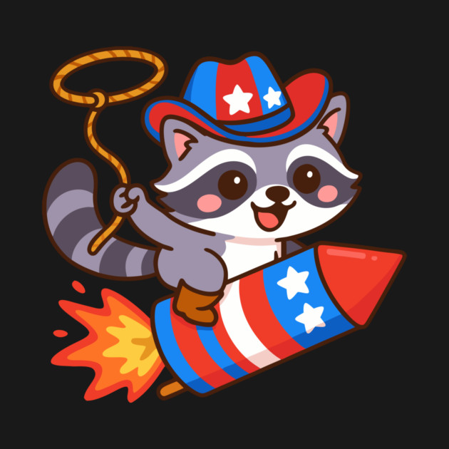 Cute Cowboy Raccoon Riding Firework – 4th of July Rocket Rodeo Animal by DonWillisJrArt
