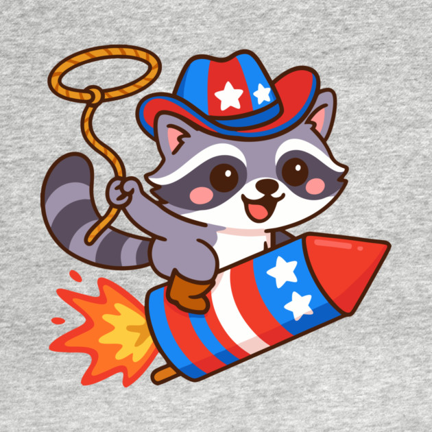 Cute Cowboy Raccoon Riding Firework – 4th of July Rocket Rodeo Animal by DonWillisJrArt
