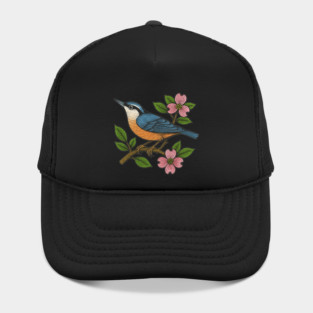 Nuthatch on Dogwood Tree Botanical Bird Art Nature Lovers Retro Woodland Design Hat