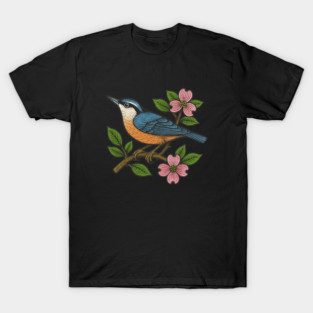 Nuthatch on Dogwood Tree Botanical Bird Art Nature Lovers Retro Woodland Design T-Shirt
