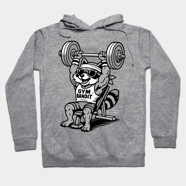 Gym Bandit Raccoon Lifting Weights – Funny Fitness Animal Workout Hoodie by DonWillisJrArt