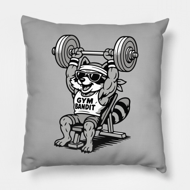 Gym Bandit Raccoon Lifting Weights – Funny Fitness Animal Workout Pillow by DonWillisJrArt