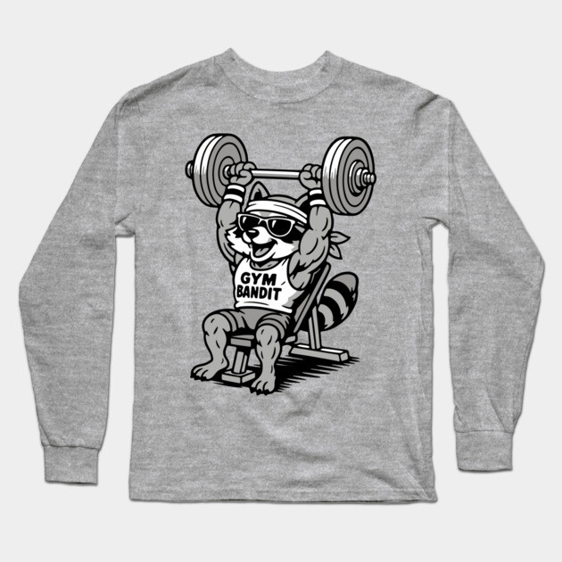 Gym Bandit Raccoon Lifting Weights – Funny Fitness Animal Workout Long Sleeve T-Shirt by DonWillisJrArt