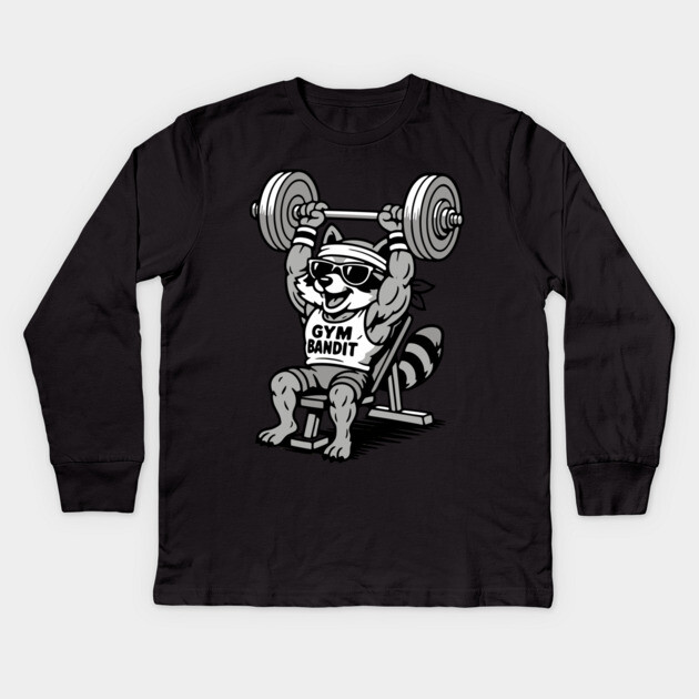 Gym Bandit Raccoon Lifting Weights – Funny Fitness Animal Workout Kids Long Sleeve T-Shirt by DonWillisJrArt