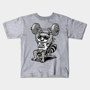 Gym Bandit Raccoon Lifting Weights – Funny Fitness Animal Workout Kids T-Shirt
