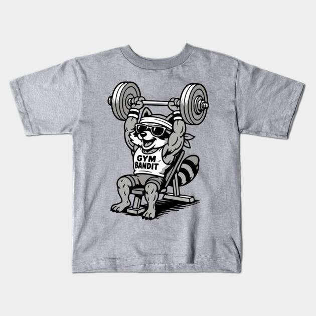 Gym Bandit Raccoon Lifting Weights – Funny Fitness Animal Workout Kids T-Shirt by DonWillisJrArt