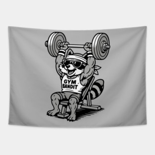 Gym Bandit Raccoon Lifting Weights – Funny Fitness Animal Workout Tapestry