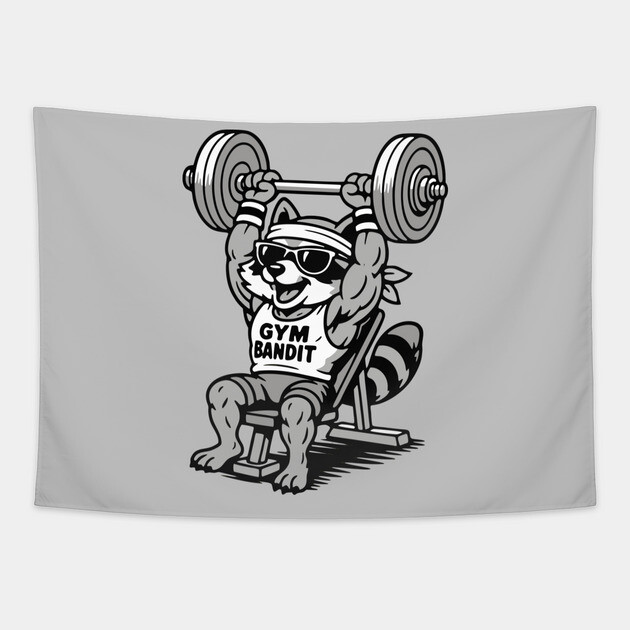 Gym Bandit Raccoon Lifting Weights – Funny Fitness Animal Workout Tapestry by DonWillisJrArt