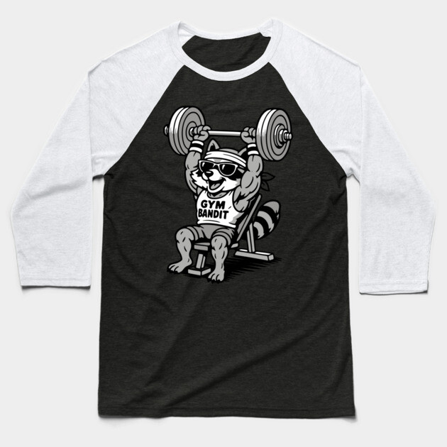 Gym Bandit Raccoon Lifting Weights – Funny Fitness Animal Workout Baseball T-Shirt by DonWillisJrArt