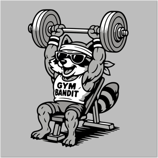 Gym Bandit Raccoon Lifting Weights – Funny Fitness Animal Workout Wall Art by DonWillisJrArt