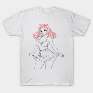Playful Catgirl Vibes – Anime Cutie with Attitude Line Art T-Shirt