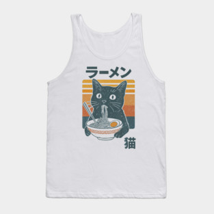 Retro Cat Eating Ramen Noodles Anime Tank Top