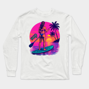 SUP Sunset Paddleboarding Vaporwave – Retro Surf Girl Illustration Long Sleeve T-Shirt