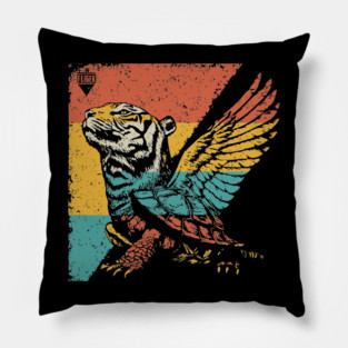 Winged Tiger Cryptid - Retro Pop Art Flying Cat Design Pillow