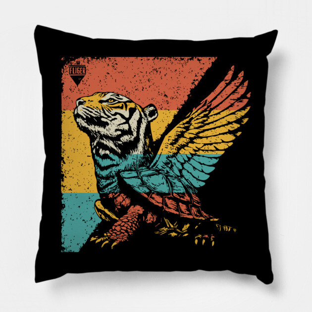 Winged Tiger Cryptid - Retro Pop Art Flying Cat Design Pillow by TuncGK