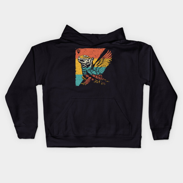 Winged Tiger Cryptid - Retro Pop Art Flying Cat Design Kids Hoodie by TuncGK