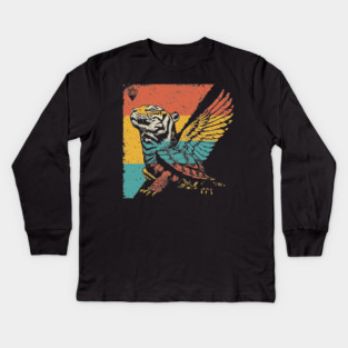 Winged Tiger Cryptid - Retro Pop Art Flying Cat Design Kids Long Sleeve T-Shirt