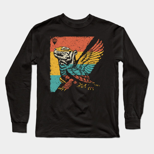 Winged Tiger Cryptid - Retro Pop Art Flying Cat Design Long Sleeve T-Shirt by TuncGK