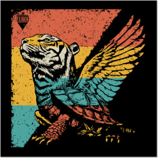 Winged Tiger Cryptid - Retro Pop Art Flying Cat Design Posters and Art