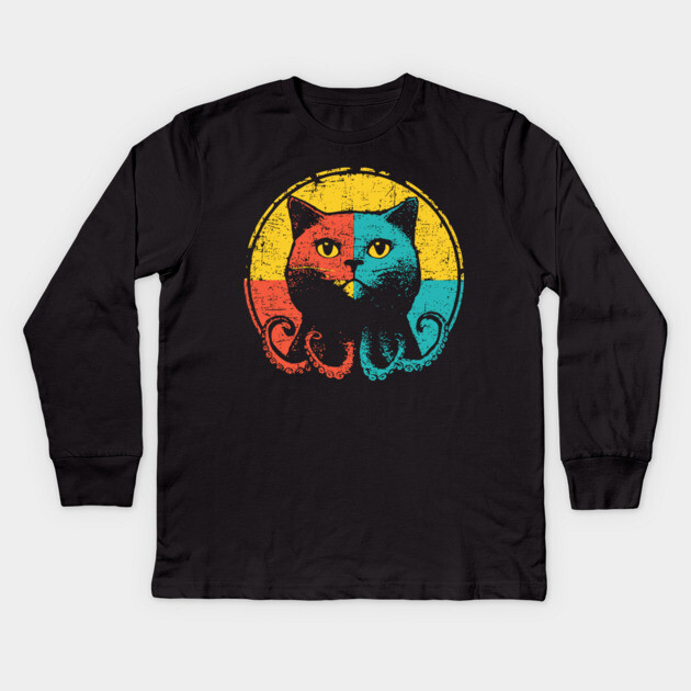Retro OctoCat Cryptid - Pop Art Feline Tentacle Hybrid Kids Long Sleeve T-Shirt by TuncGK