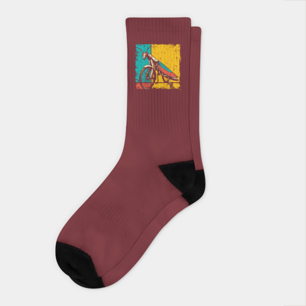 Retro Praying Mantis on Bicycle - Pop Art Cryptid Design Socks by TuncGK