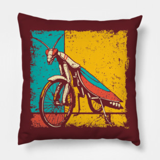 Retro Praying Mantis on Bicycle - Pop Art Cryptid Design Pillow