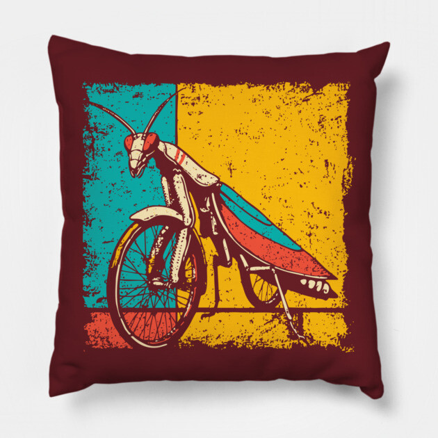 Retro Praying Mantis on Bicycle - Pop Art Cryptid Design Pillow by TuncGK