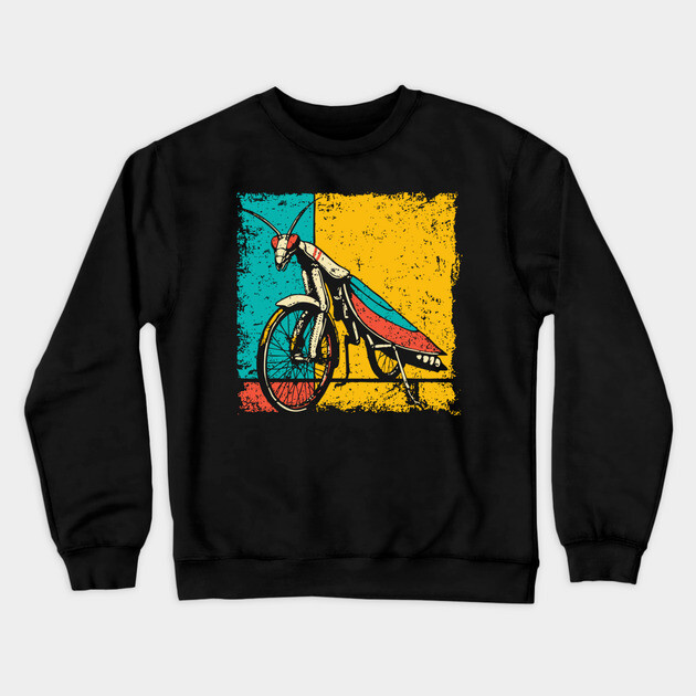 Retro Praying Mantis on Bicycle - Pop Art Cryptid Design Crewneck Sweatshirt by TuncGK