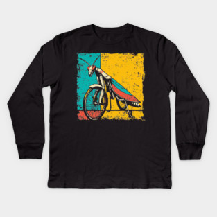 Retro Praying Mantis on Bicycle - Pop Art Cryptid Design Kids Long Sleeve T-Shirt