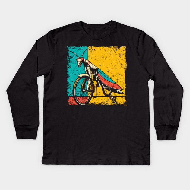 Retro Praying Mantis on Bicycle - Pop Art Cryptid Design Kids Long Sleeve T-Shirt by TuncGK