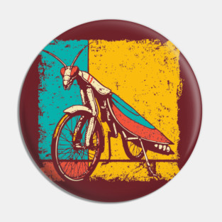 Retro Praying Mantis on Bicycle - Pop Art Cryptid Design Pin