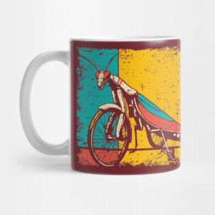Retro Praying Mantis on Bicycle - Pop Art Cryptid Design Mug