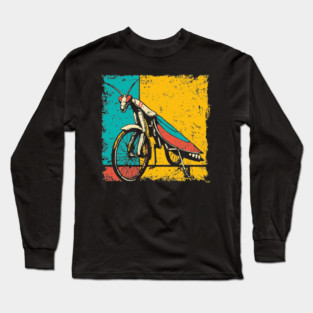 Retro Praying Mantis on Bicycle - Pop Art Cryptid Design Long Sleeve T-Shirt
