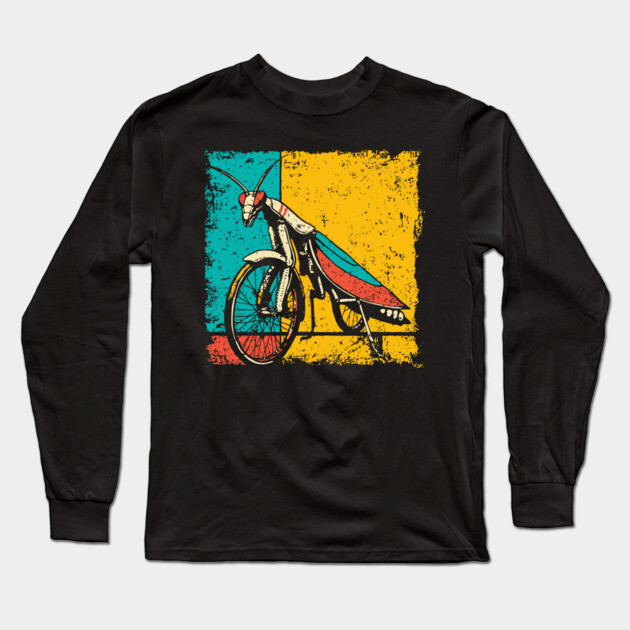 Retro Praying Mantis on Bicycle - Pop Art Cryptid Design Long Sleeve T-Shirt by TuncGK