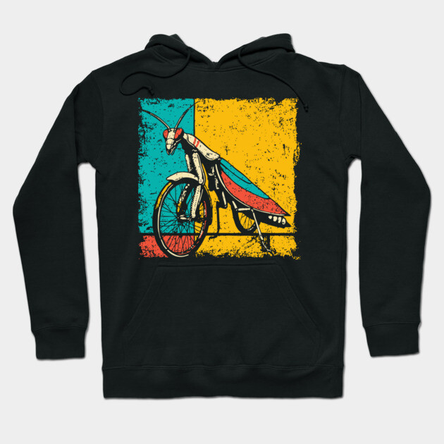 Retro Praying Mantis on Bicycle - Pop Art Cryptid Design Hoodie by TuncGK