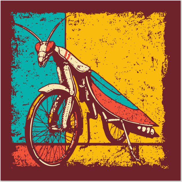 Retro Praying Mantis on Bicycle - Pop Art Cryptid Design Wall Art by TuncGK