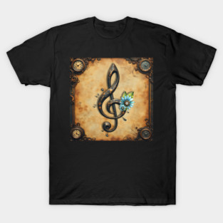 Mechanical  clef and flowers to the beat of the clocks. T-Shirt