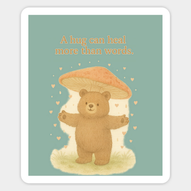Bear Hug Under Mushroom – Cute Healing Quote Illustration Magnet by Anne Lee