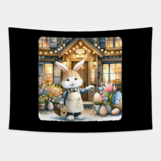 Easter Rabbit Innkeeper Welcomes Guests. Easter-Themed Inn Tapestry