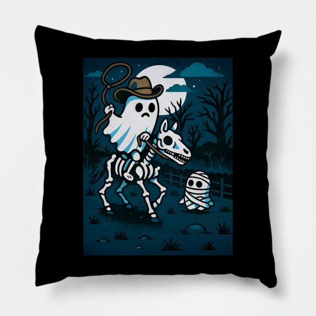 Ghost Cowboy and Skeleton Horse – Cute Spooky Western Halloween Art Pillow by DonWillisJrArt