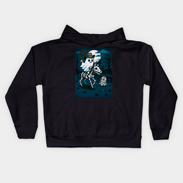 Ghost Cowboy and Skeleton Horse – Cute Spooky Western Halloween Art Kids Hoodie by DonWillisJrArt