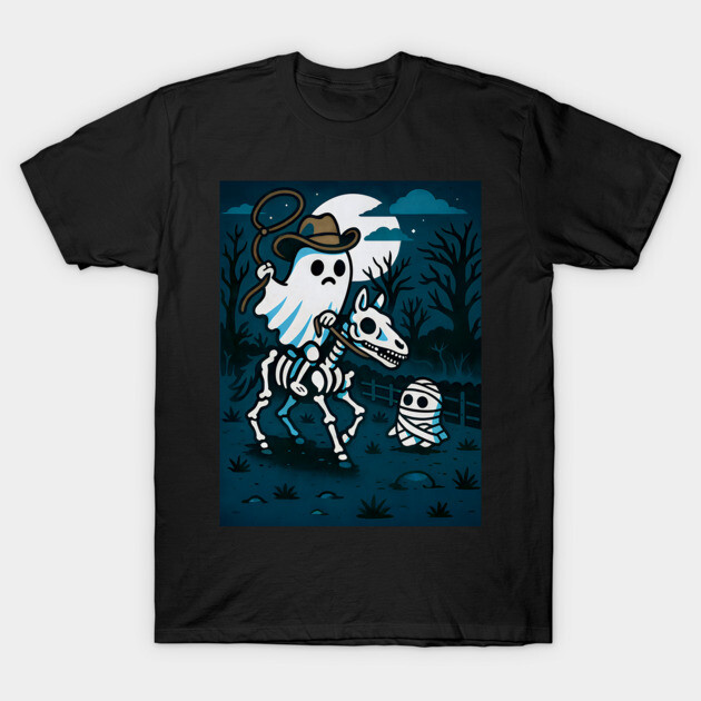 Ghost Cowboy and Skeleton Horse – Cute Spooky Western Halloween Art T-Shirt by DonWillisJrArt
