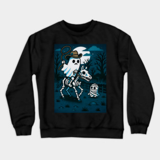 Ghost Cowboy and Skeleton Horse – Cute Spooky Western Halloween Art Crewneck Sweatshirt